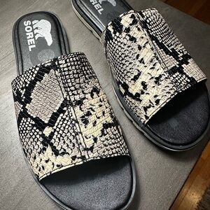 Sorel Women's Black and Cream Snake Print Sandals